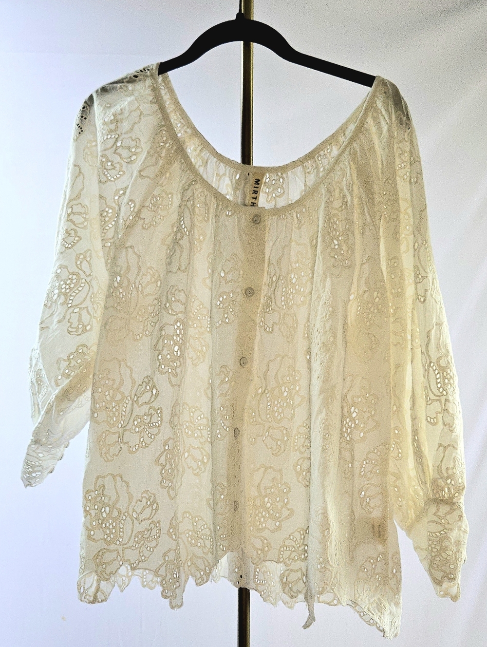 MIRTH Ivory Sheer Floral Embroidered Button Front Peasant Blouse